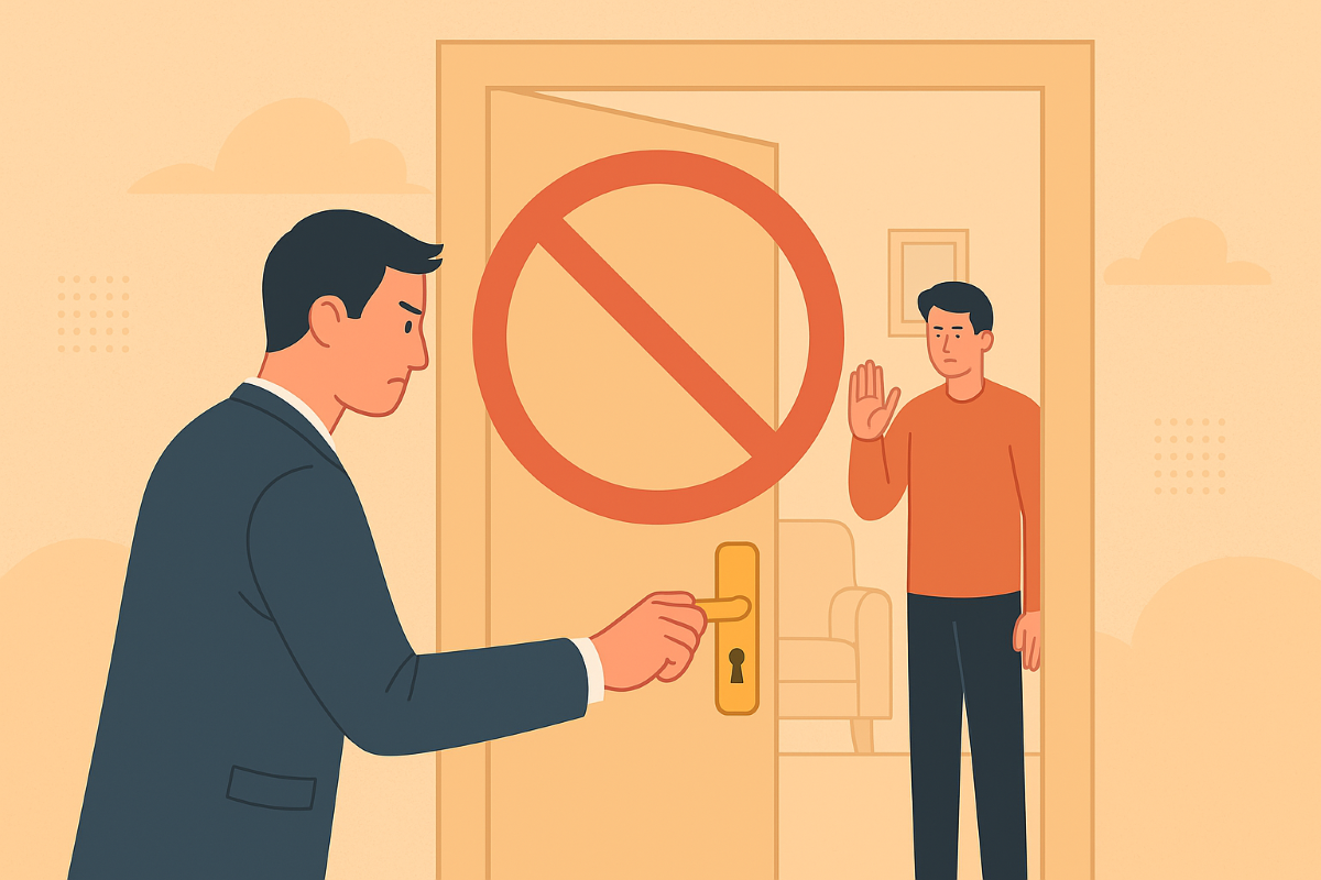 two men, one door, no entry sign.