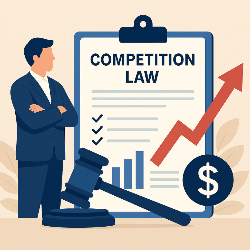 Competition Law, paper on a clip board, a gavel a man in a suit