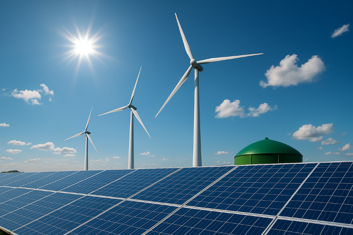 wind turbines, solar panels, brightly shining sun. blue sky