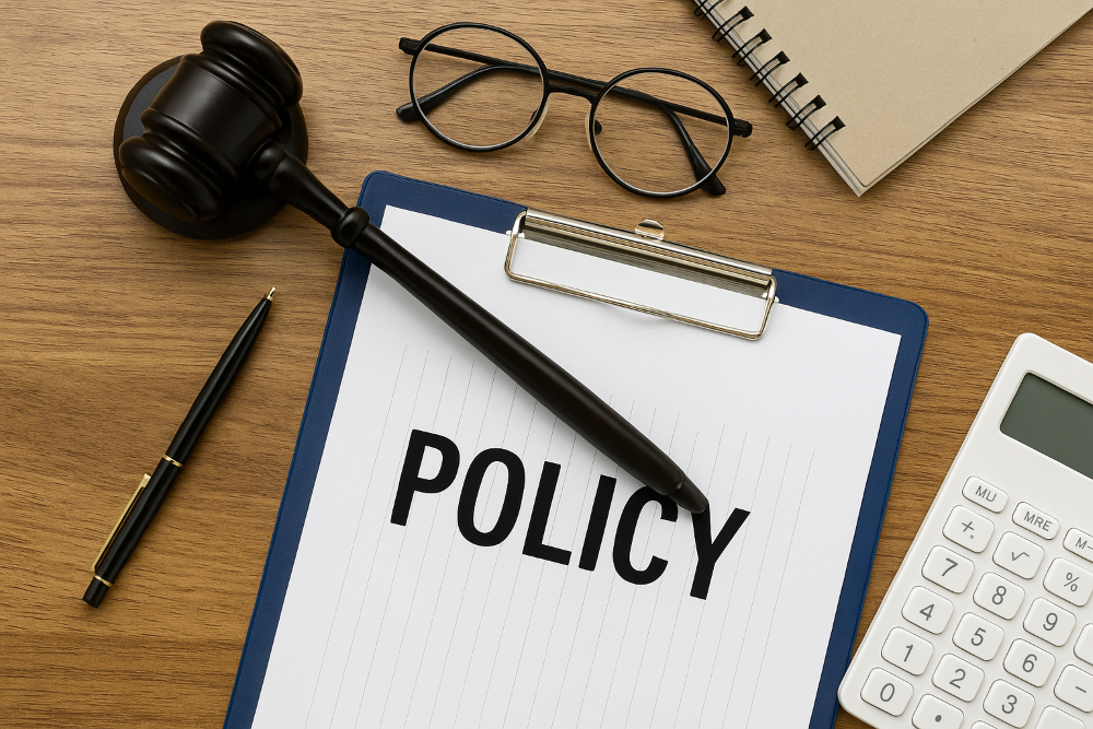 A pair of glasses, a sheet with POLICY written, Pen. everything on a table.