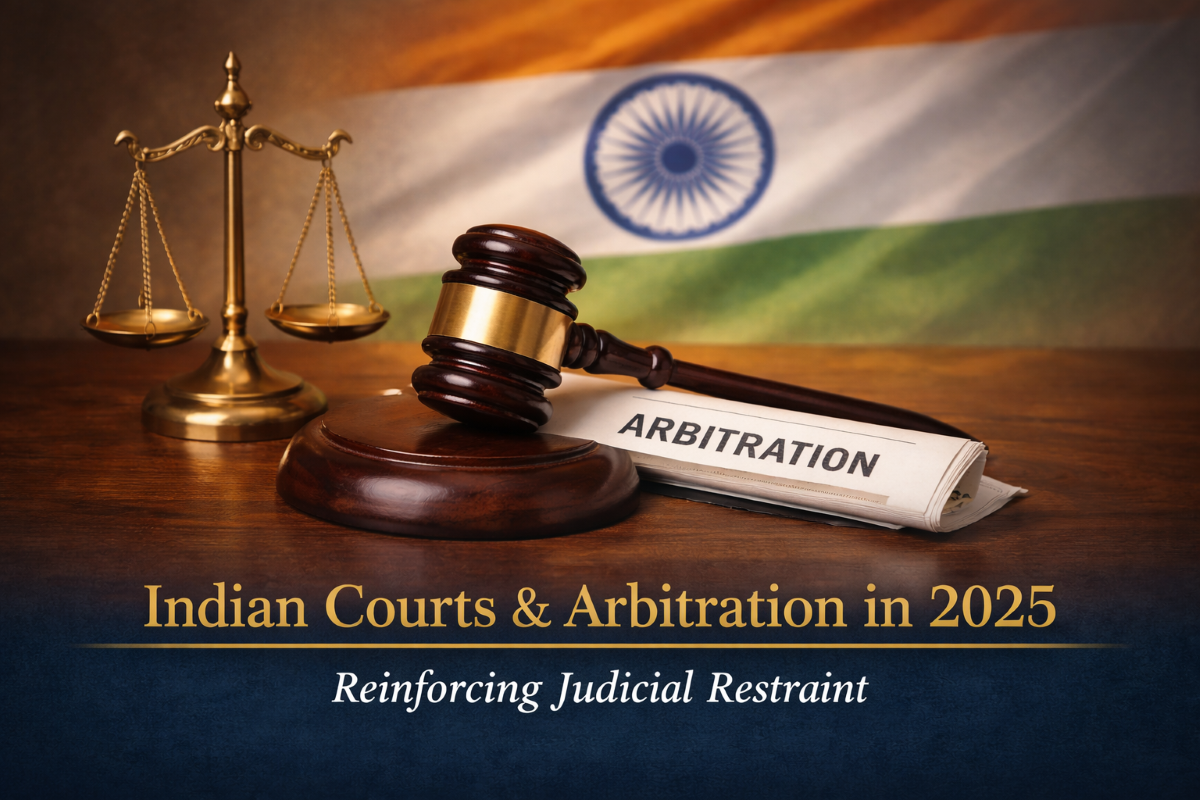 A simple visual representation of India’s evolving arbitration landscape — symbolising judicial balance, restraint, and respect for arbitral autonomy through the scales of justice, gavel, and arbitration framework against the Indian backdrop.